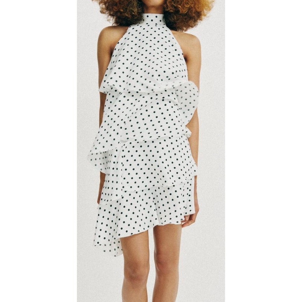 Zara Women's Halter Neck Ruffle Asymmetric Hem Mini Dress - White Polka Dot - L